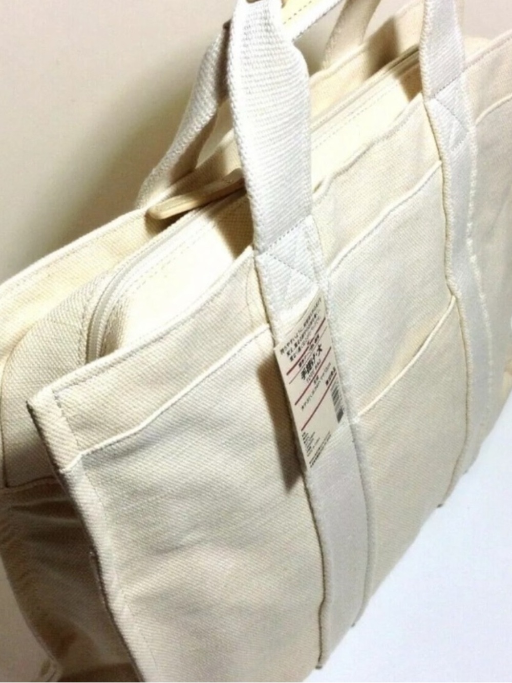 MUJI canvas cream travel tote bag laptop briefcase zippered closure top handles
